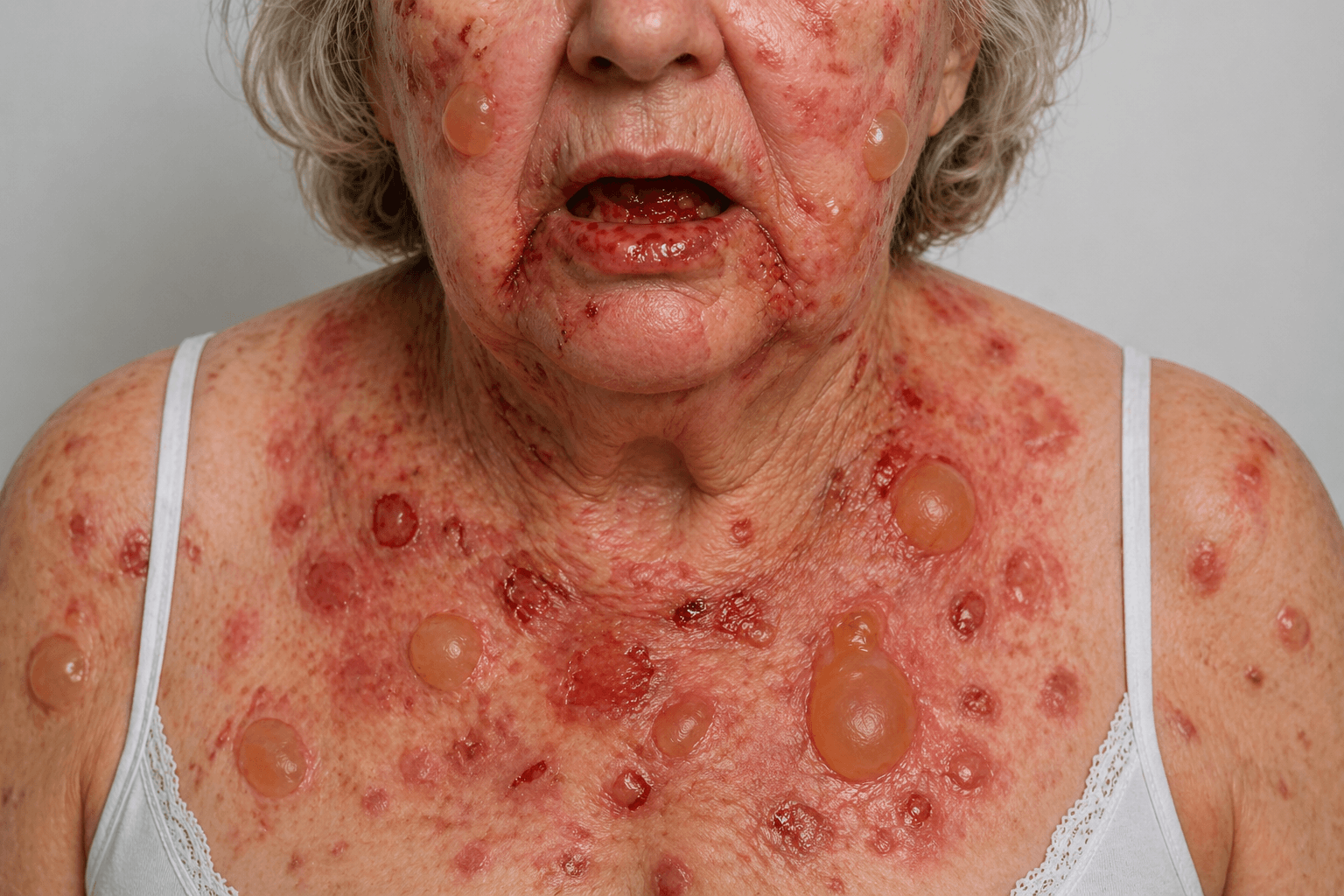 Mulher, 70 anos, admitida com presença de erosões e bolhas em corpo
